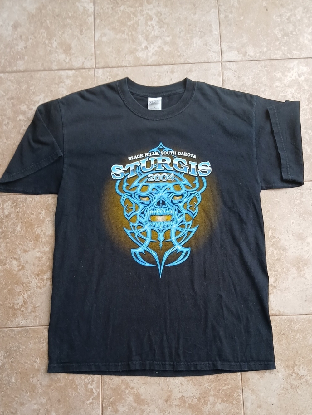 Gildan 2004 Sturgis Black Hills South Dakota Tee with Bright Blue Skull Print
